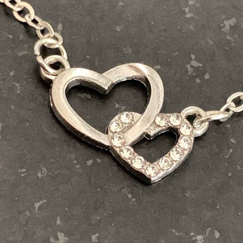 Interlocking Double Hearts Silver Tone Necklace with Rhinestones